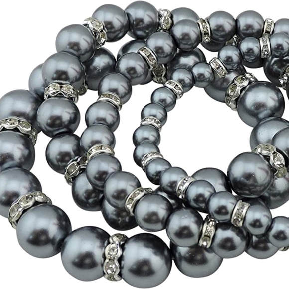 Jewelry - Set of 4 Faux Gray Pearl Stretch Bracelets with Rhinestone bead accents